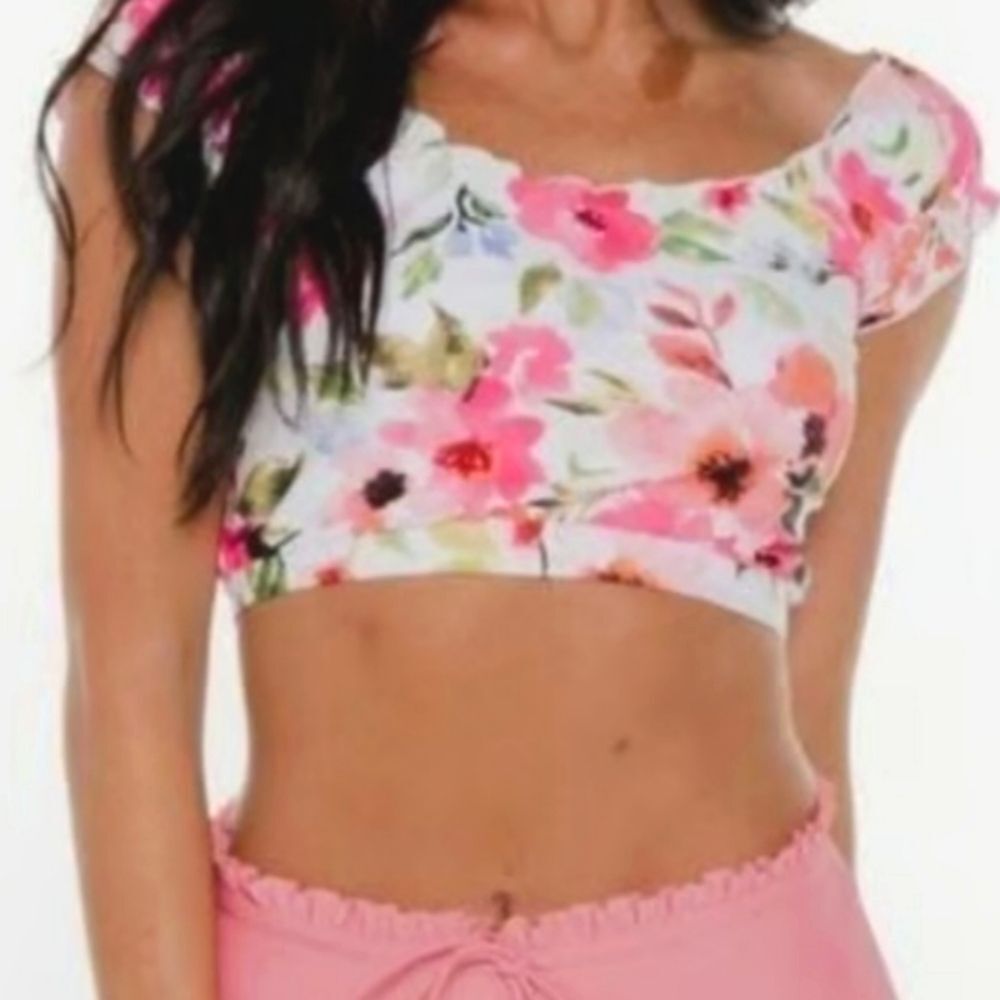 CORAL REEF Mo'Orea Women's Pink Floral Puff Sleeve Swim Crop Top Padded M 8/10